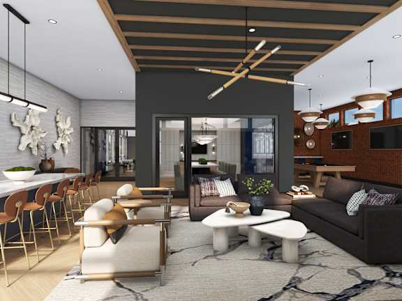 A modern living room with a dark brown couch and a white coffee table.