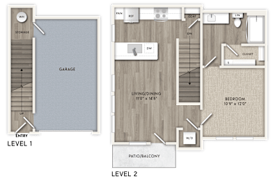 A floor plan of a two-level home with a garage, living room, dining area, kitchen, and bedrooms.