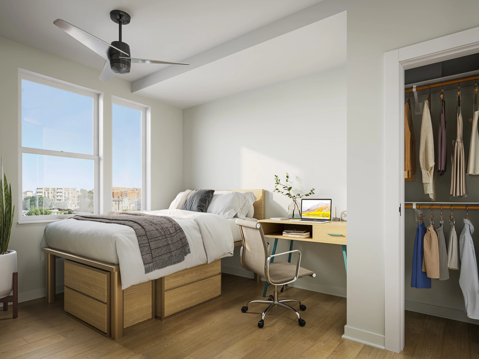 In-unit bedroom at Perla's luxury Tallahassee, FL, student apartments near the FSU campus, featuring a window view and the closet space