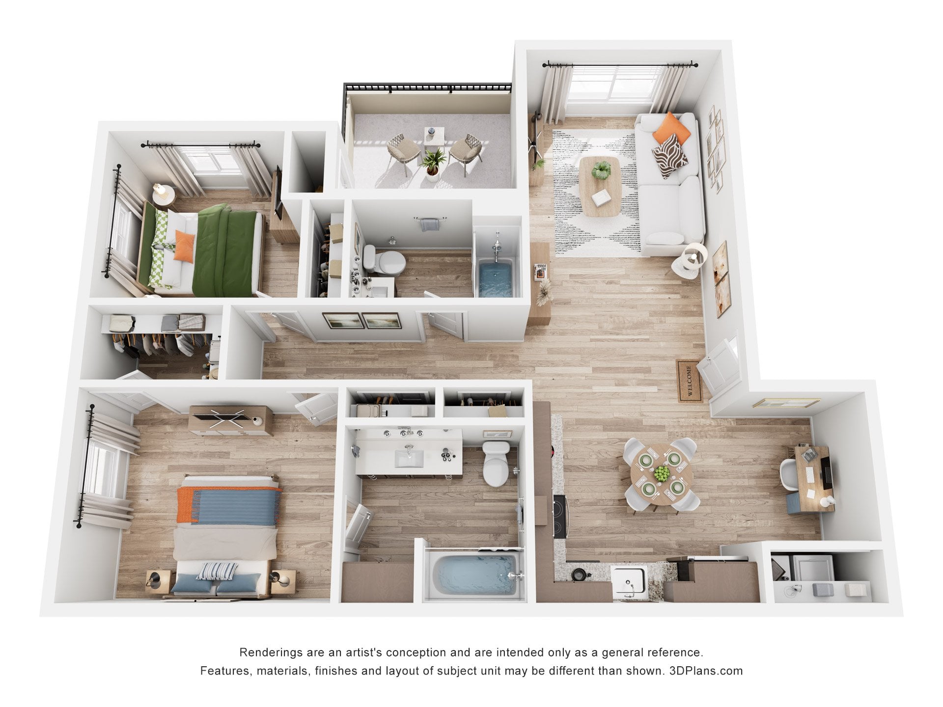 A 3D floor plan of a small apartment with a kitchen, living room, and bedrooms.