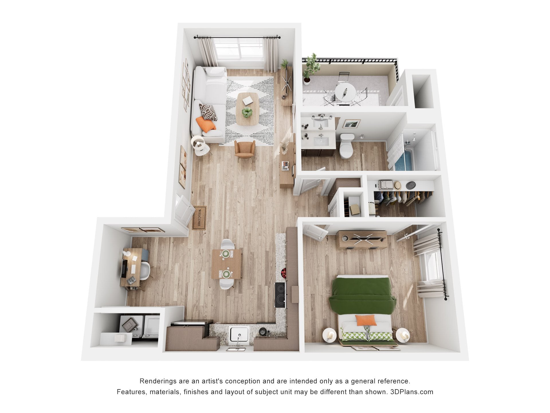 A 3D floor plan of a house with a kitchen, living room, and bedrooms.