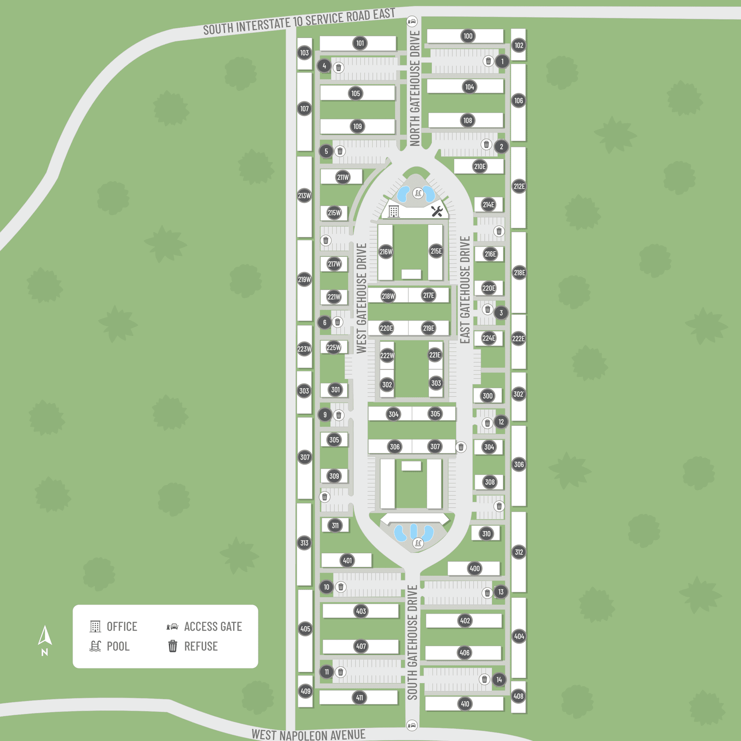 A site map marked by red dots showing unit locations, if available.