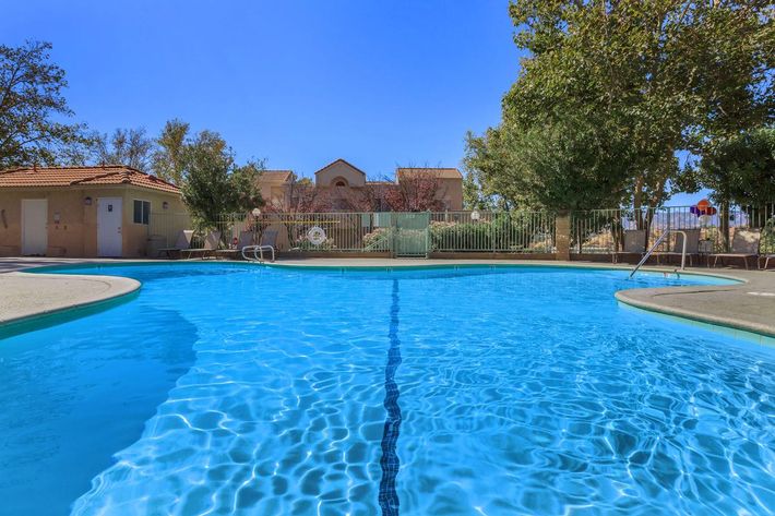 A clear, tranquil swimming pool with shimmering blue water, surrounded by trees and buildings. The scene captures a sunny day, highlighting a lounge area and poolside amenities.