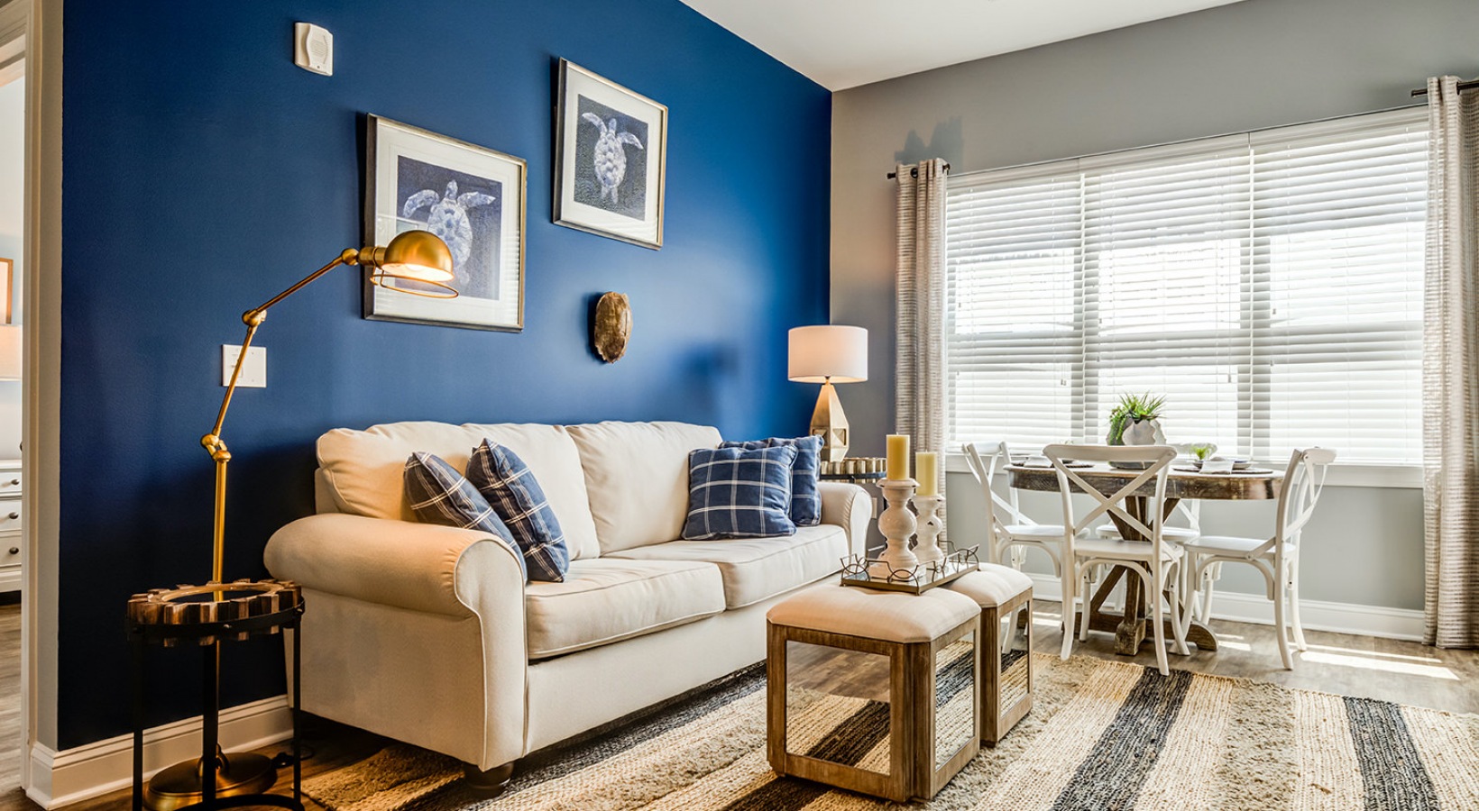 Cozy, coastal living room with wood accents