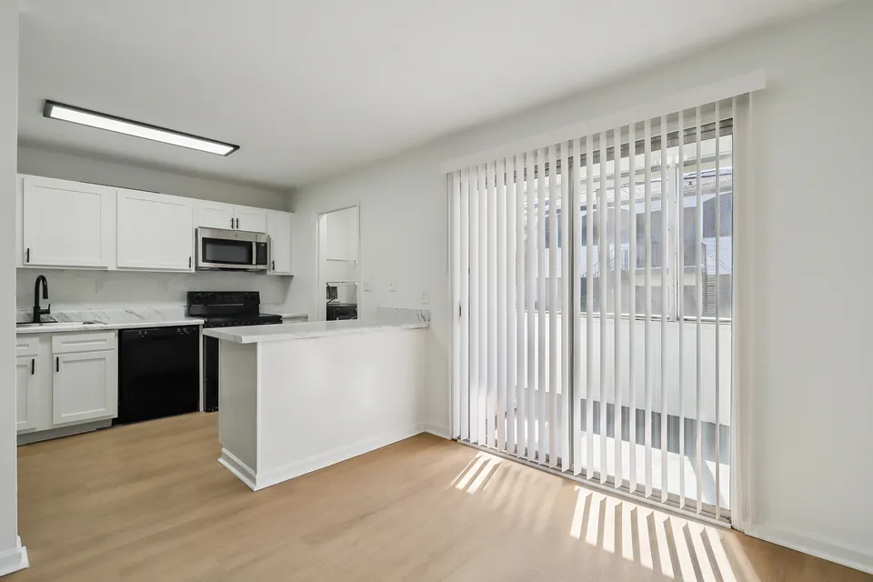 Bright modern kitchen with sleek white cabinetry, stainless steel appliances, and large sliding glass doors for natural light.