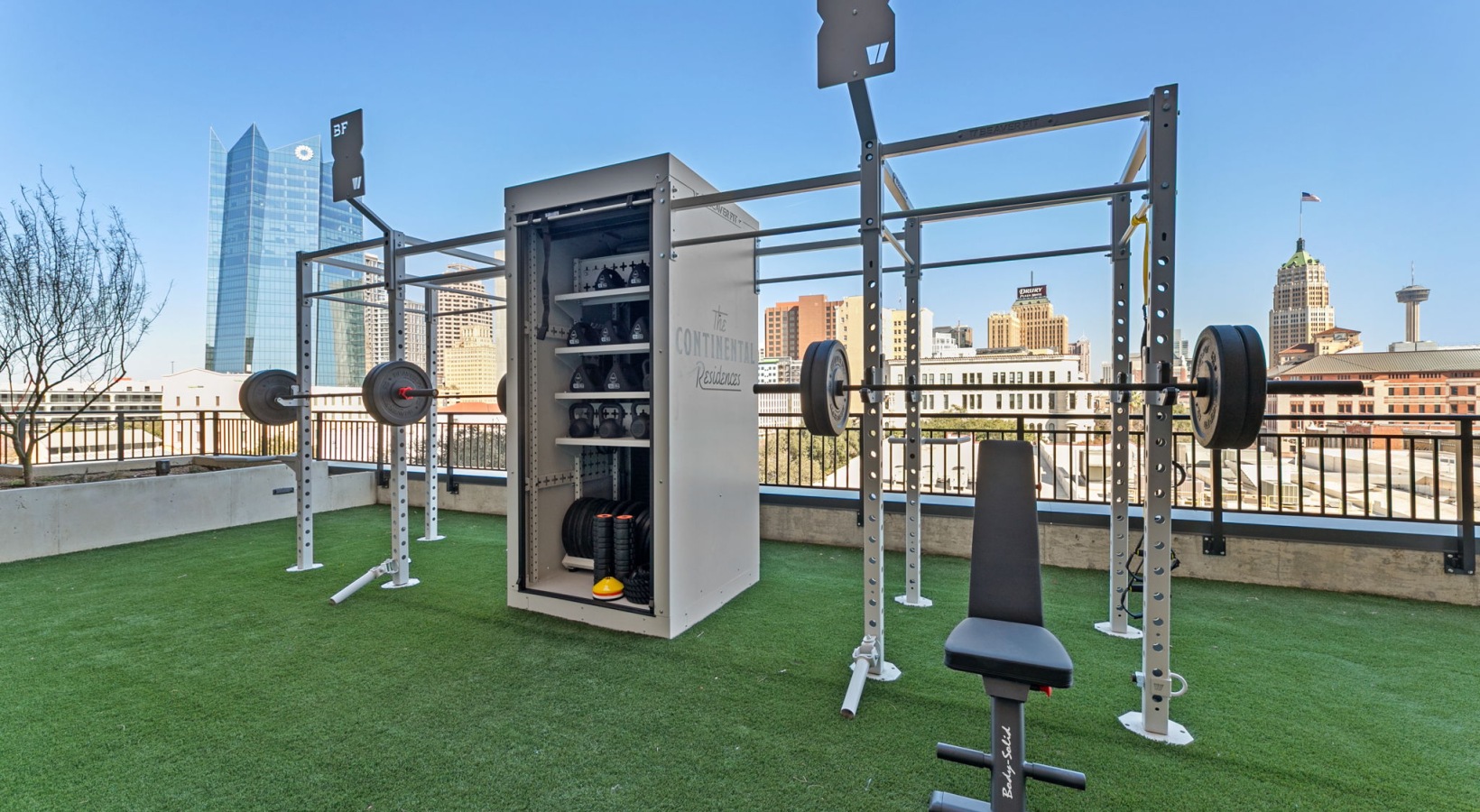 Outdoor Fitness Area with Free Weights and Functional Training.