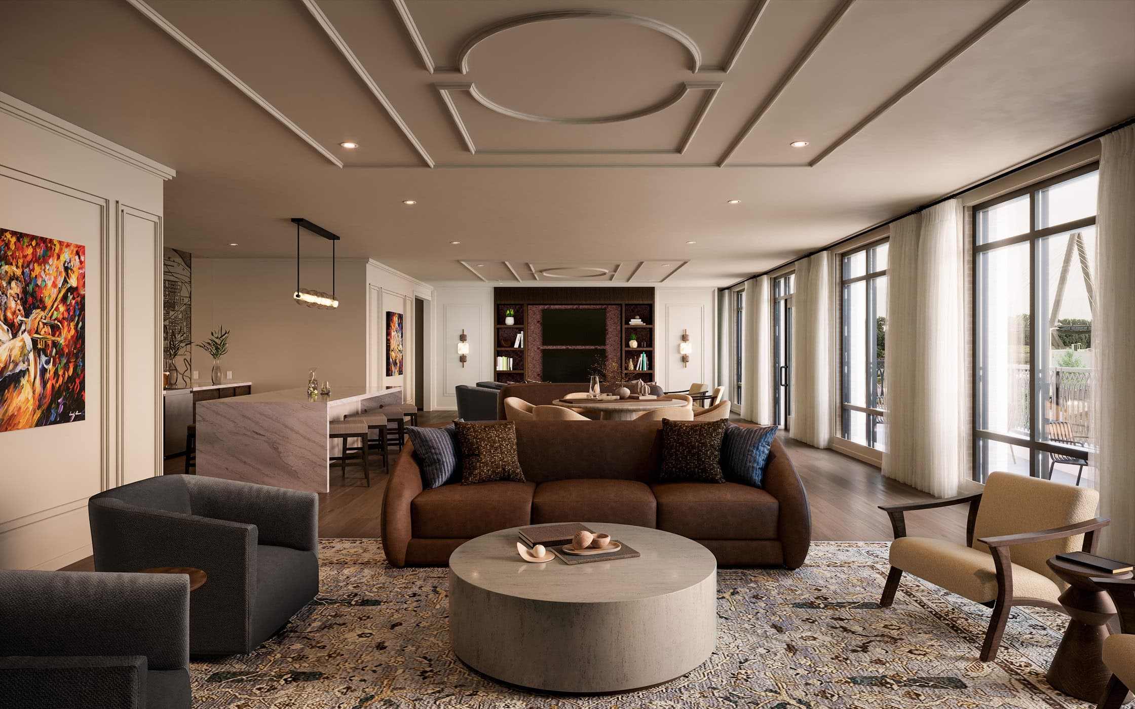 apartment pitch lounge with sofas and lounge chairs
