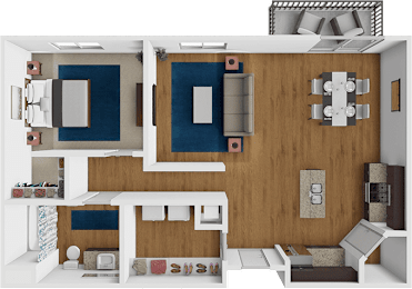 A 3D rendered image of a modern apartment layout.