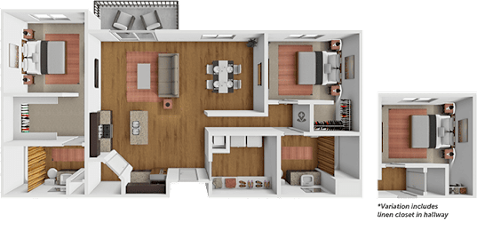 A detailed 3D floor plan of a two-bedroom apartment.