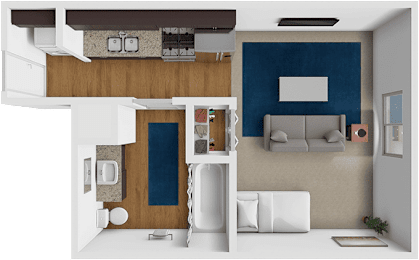 A modern living room with a white sofa and a blue accent wall.