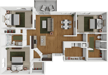 A 3D floor plan of a house with a living room, kitchen, and dining area.