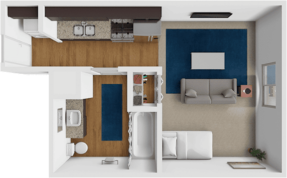 A modern living room with a white sofa and a blue accent wall.