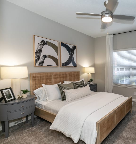 a bedroom with a large bed and a ceiling fan at Willowest in Lindbergh in Atlanta, Georgia 30318