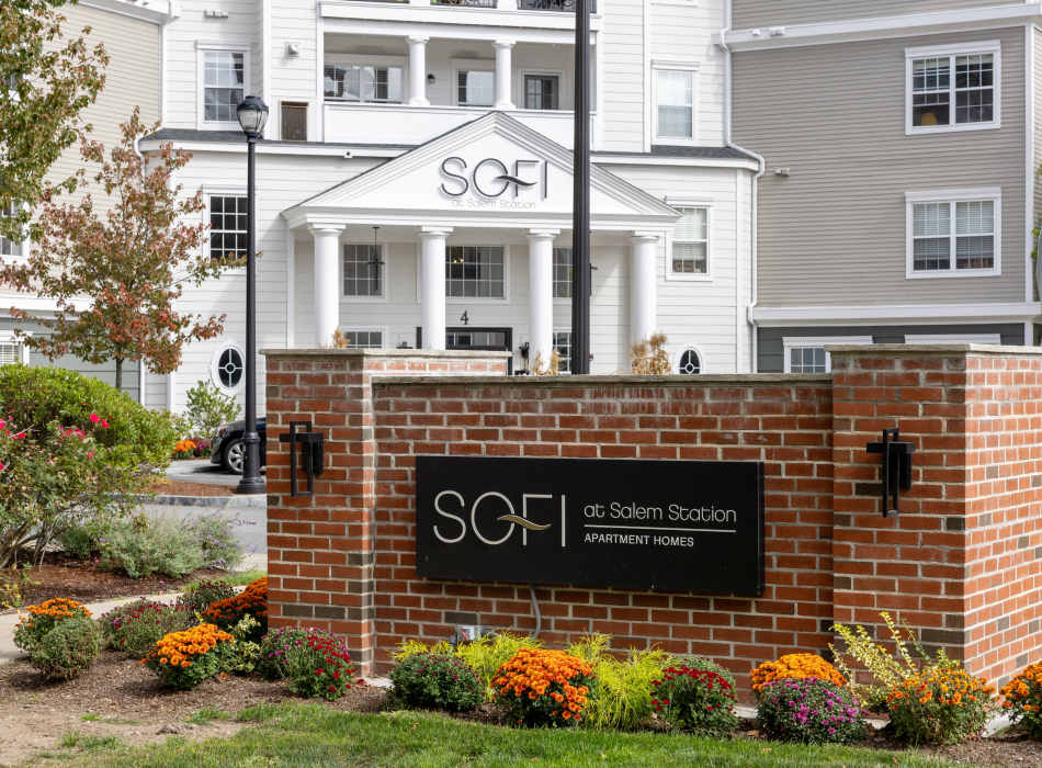 Front Sign and Entrance at Sofi at Salem Station in Salem, Massachusetts