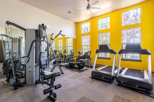 gym with cardio equipment and lifting equipment surrounded by windows