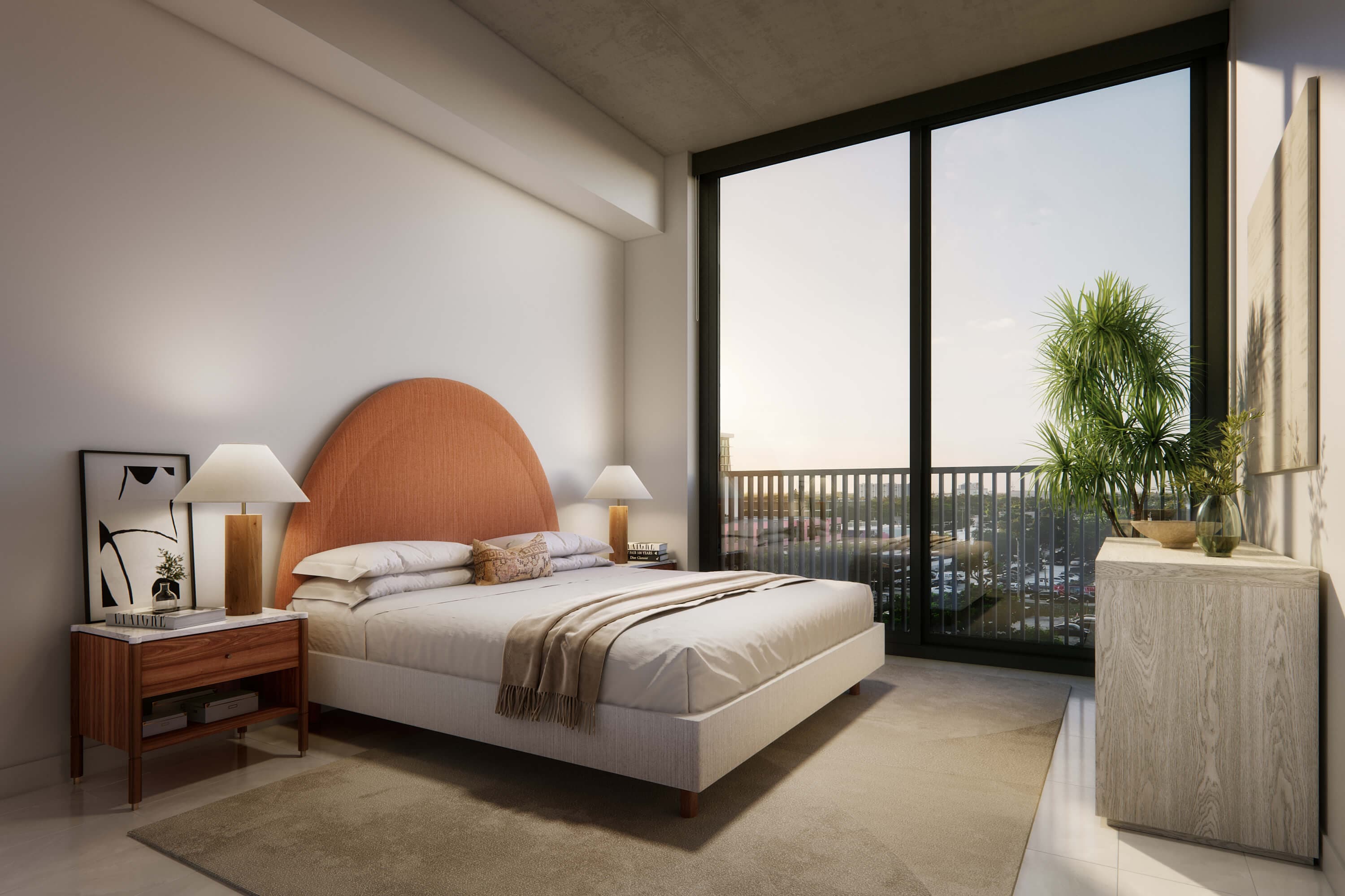 3d render of bedroom with orange headboard