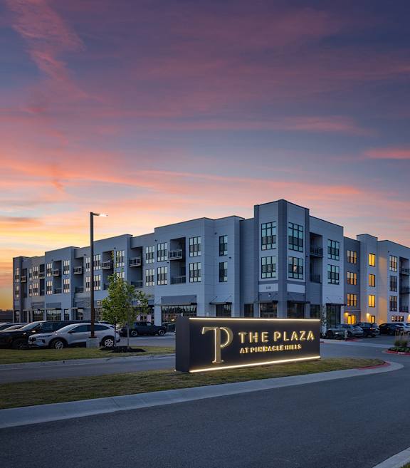 Property signage at Plaza at Pinnacle Hills Apartments, Rogers, Arkansas