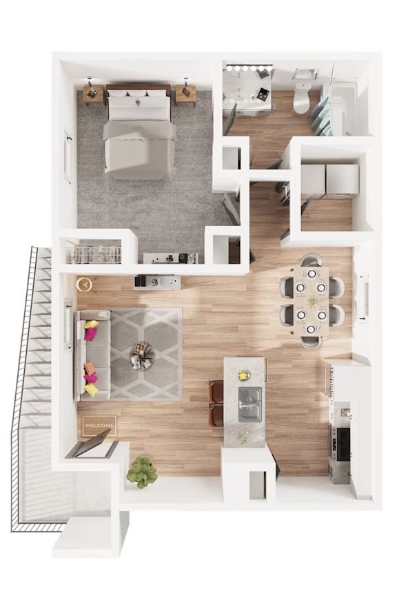 A top-down view of a modern apartment layout with a living room, kitchen, and dining area.