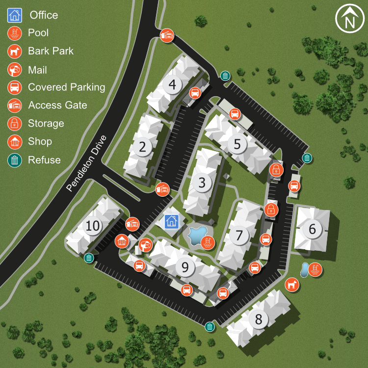 A site map marked by red dots showing unit locations, if available.