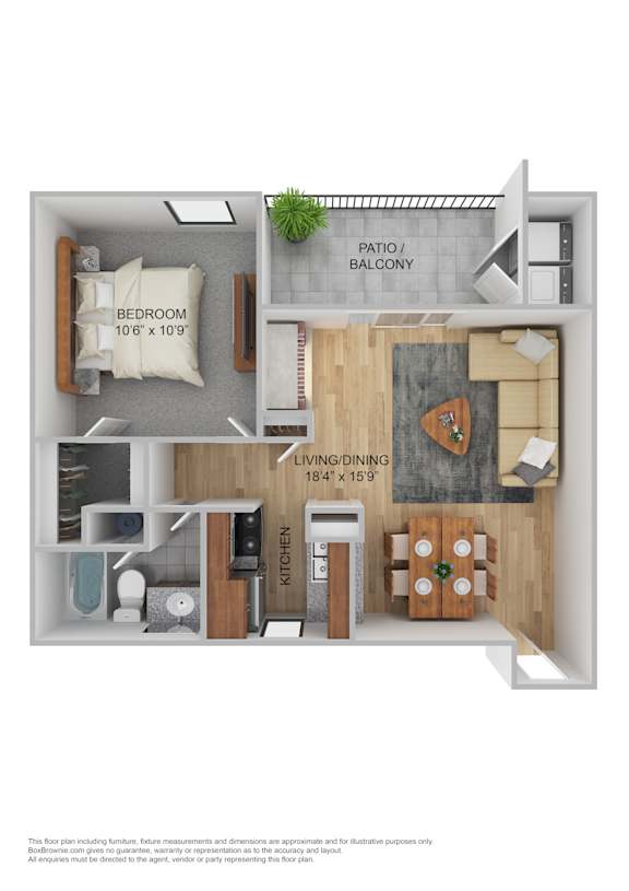 A floor plan of a small apartment with a bedroom, living room, kitchen, and bathroom.