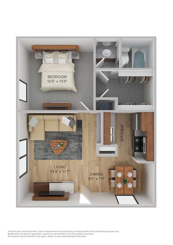 A floor plan of a small apartment with a bedroom, living room, and kitchen.