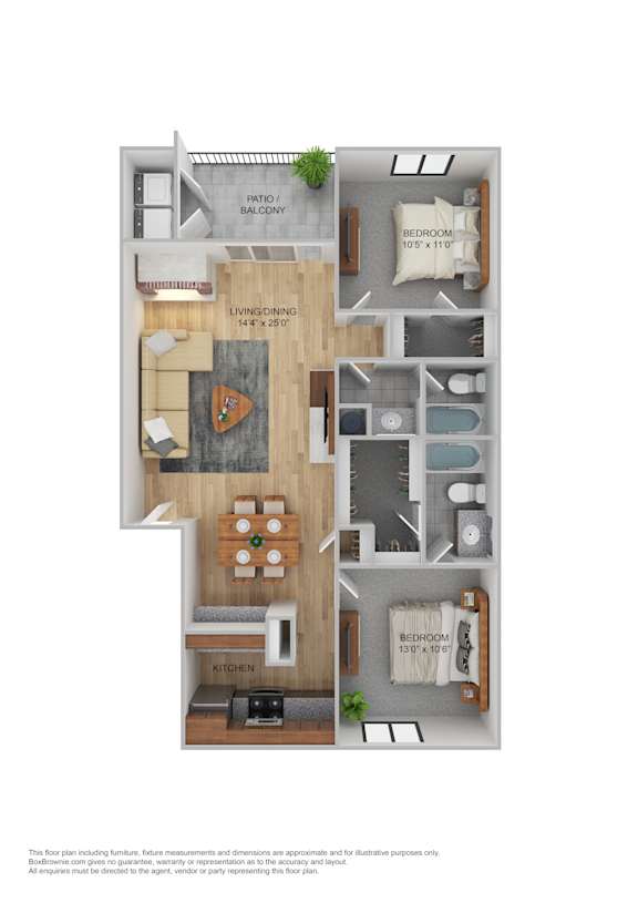 A floor plan of a two bedroom apartment with a living room, kitchen and balcony.