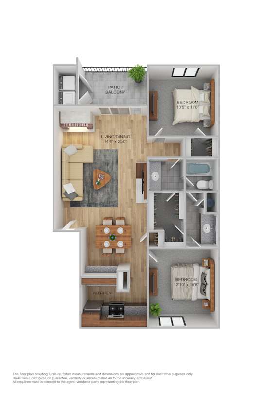 A floor plan of a two bedroom apartment with a living room, kitchen and balcony.