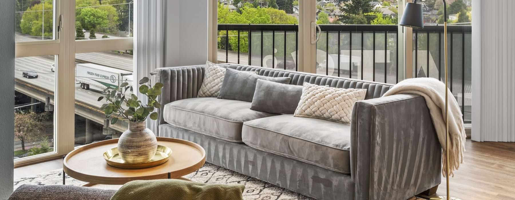 a living room with a large window