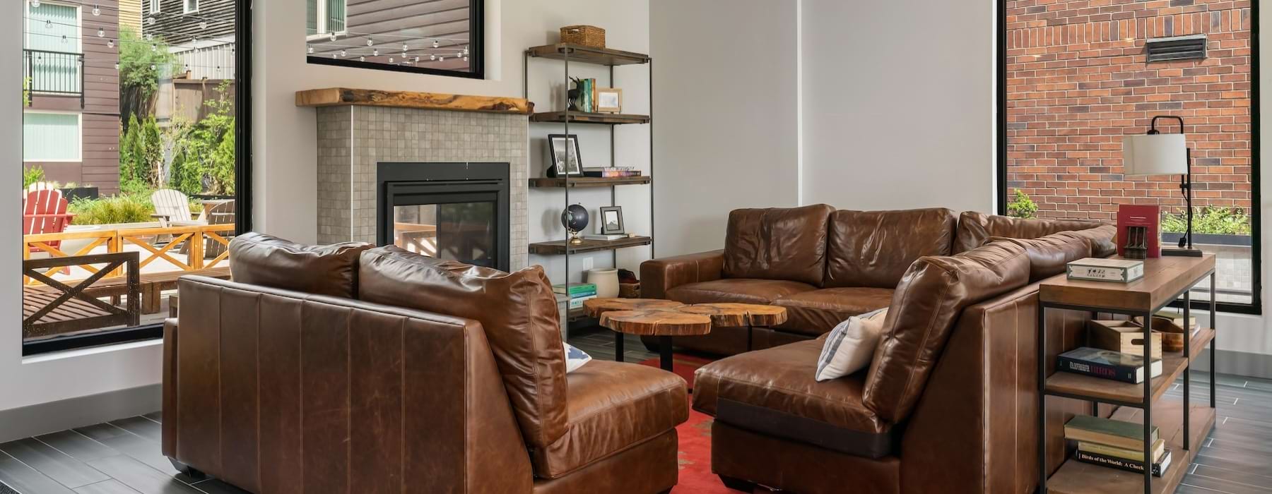 a living room with a fireplace