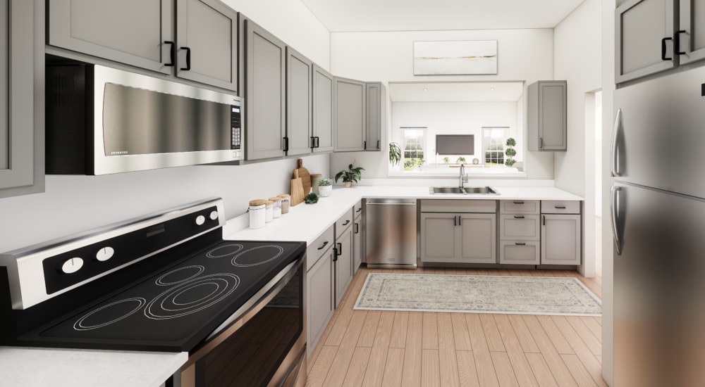Kitchen with stainless-steel appliances at The Pointe at Loudon in Loudon, Tennessee
