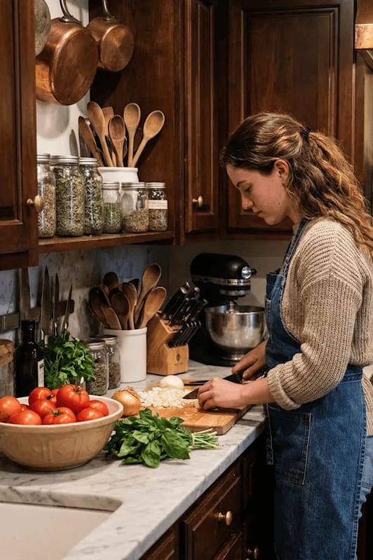 A woman is chopping vegetables in a kitchen.