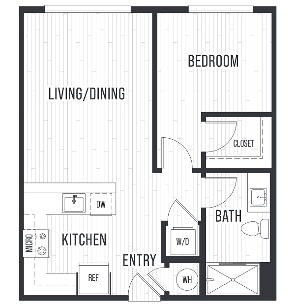 Floor plan 1B. One bed, one bath at The Sophia apartments in Englewood.