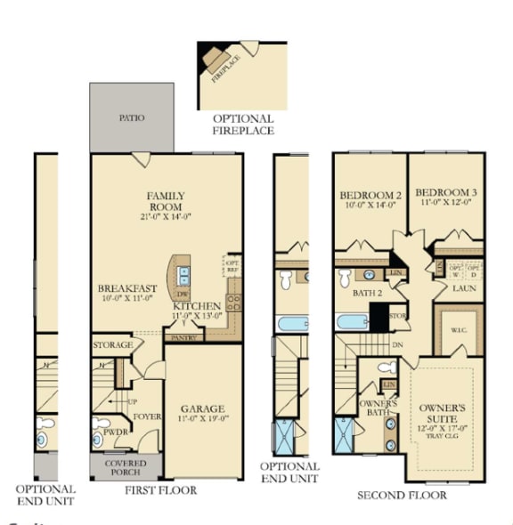three floor plan of a town house with different floors