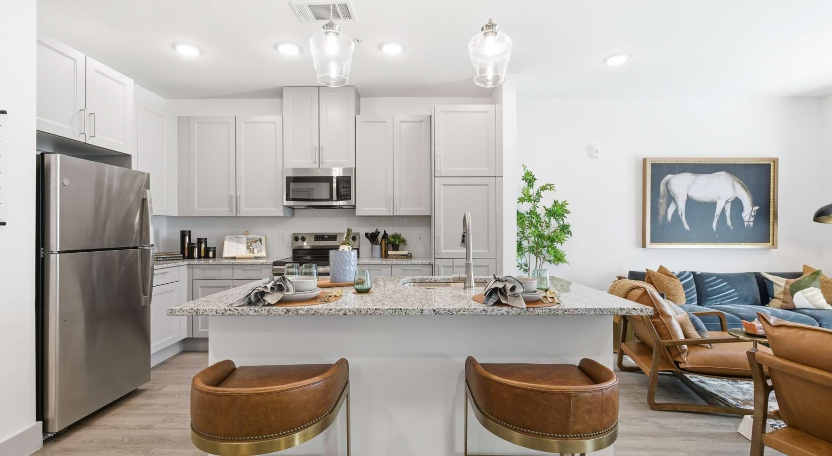 kitchen stainless steel appliances island dining