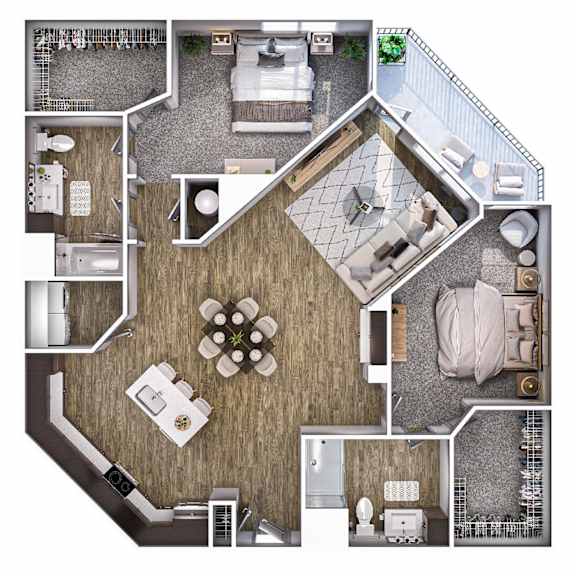 Floor Plan A top-down view of a house layout with a central living area, bedrooms, a kitchen, and a bathroom.