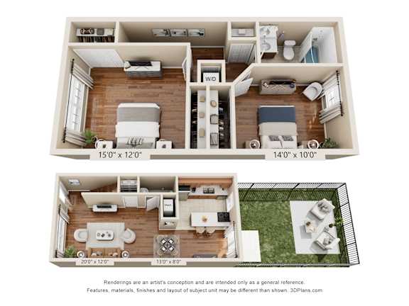 A floor plan of a two-bedroom apartment with a living room, kitchen, and bathroom.