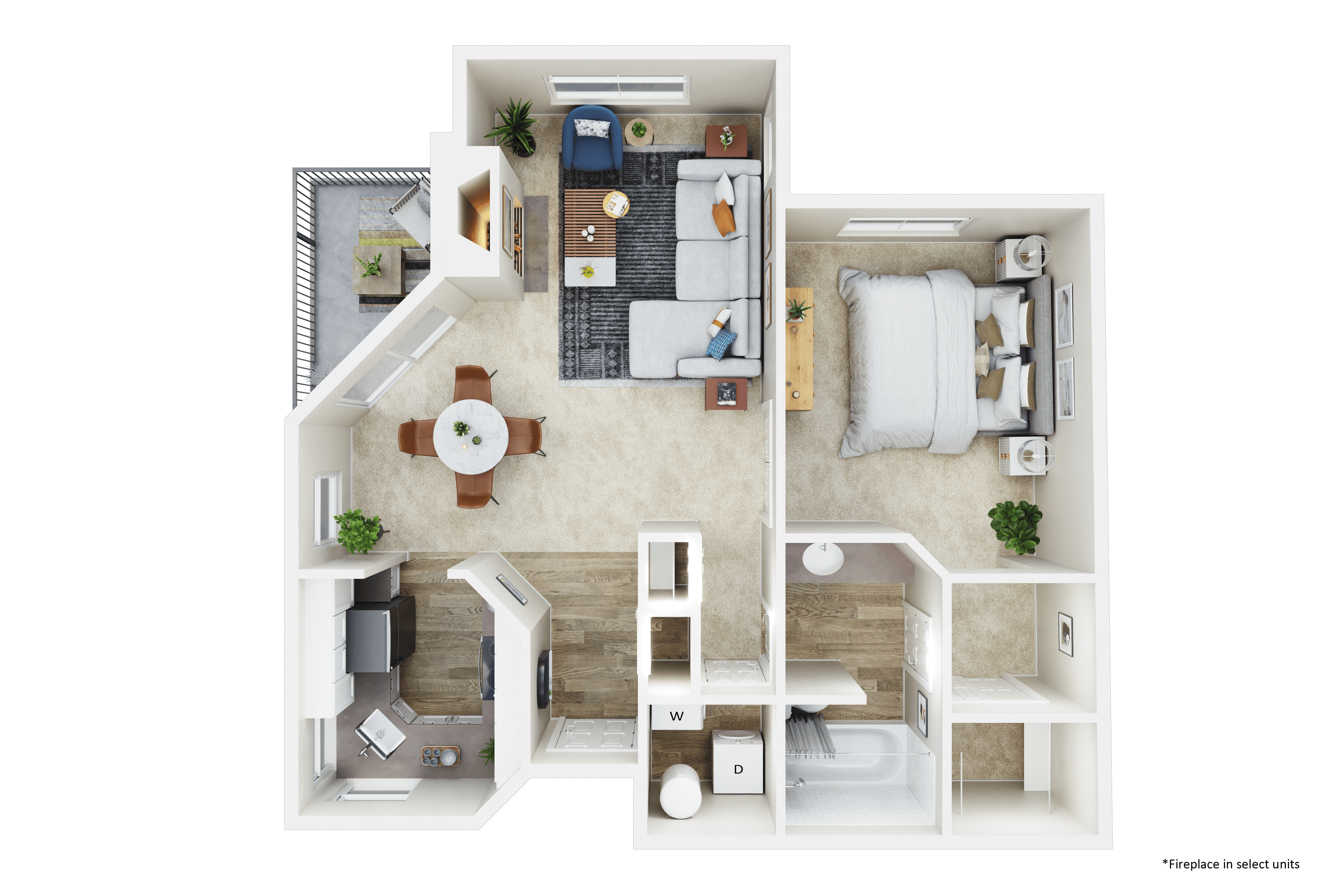 A 3D floor plan of a small apartment with a kitchen, living room, and bedrooms.