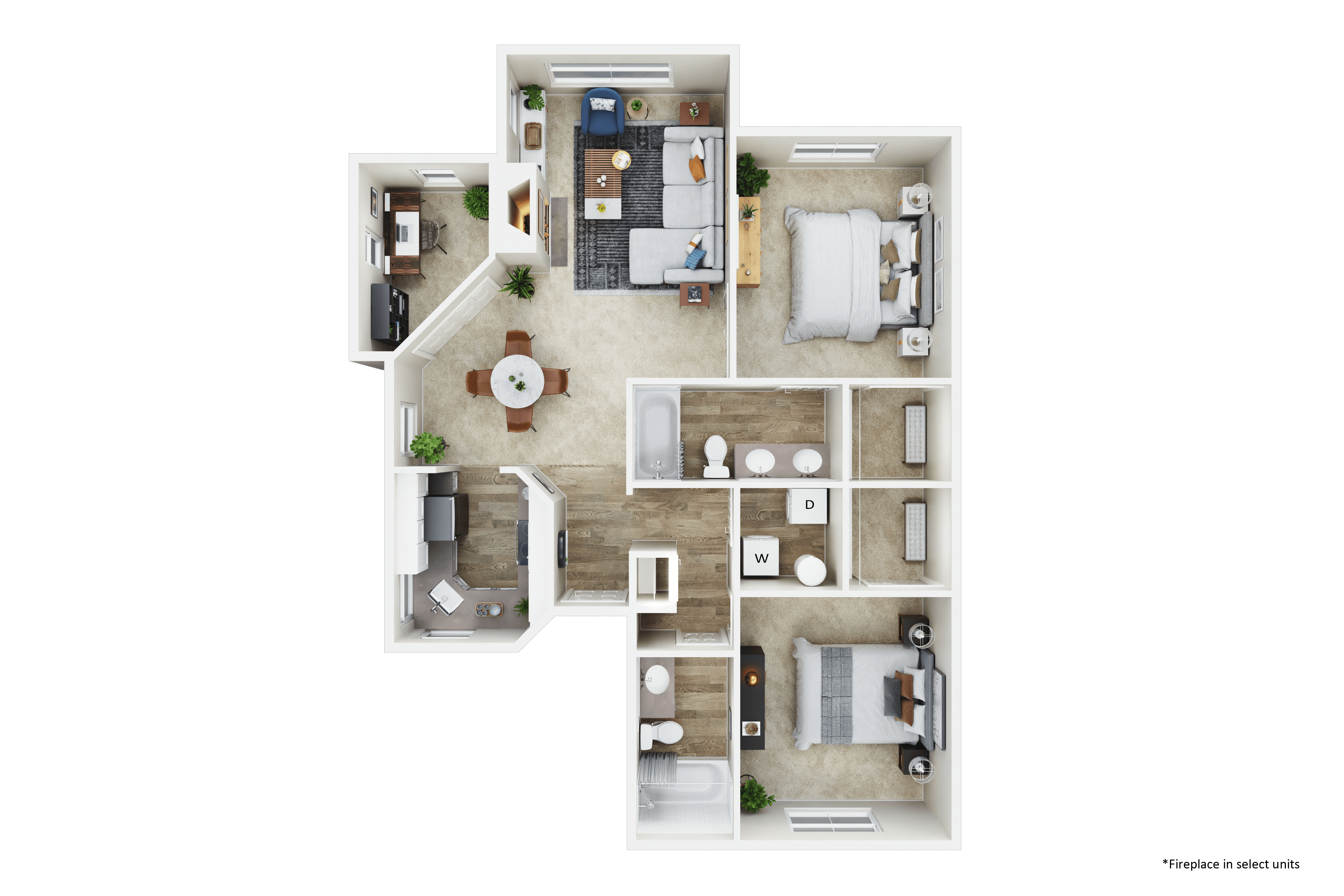 A floor plan of a house with a kitchen, living room, dining room, and two bedrooms.