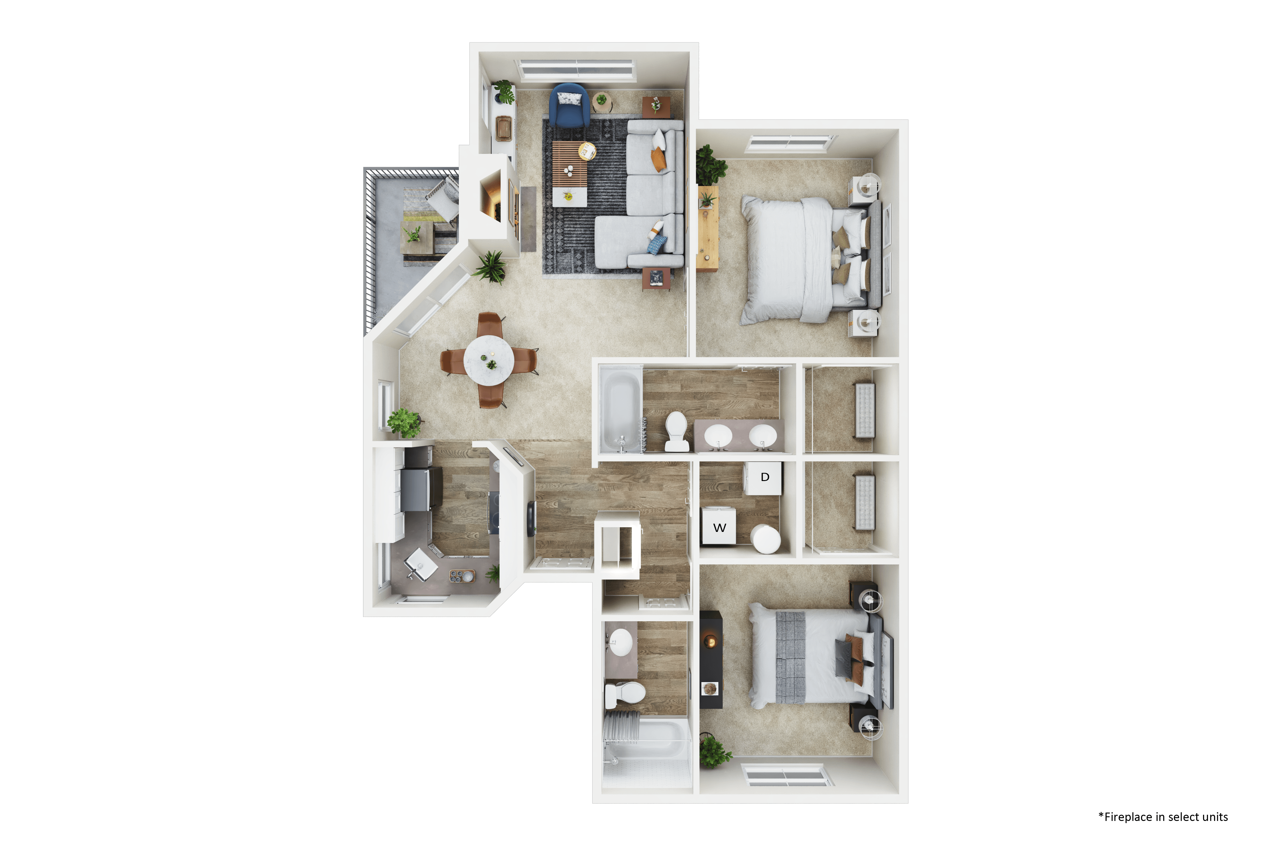 A floor plan of a house with a kitchen, living room, dining room, and two bedrooms.