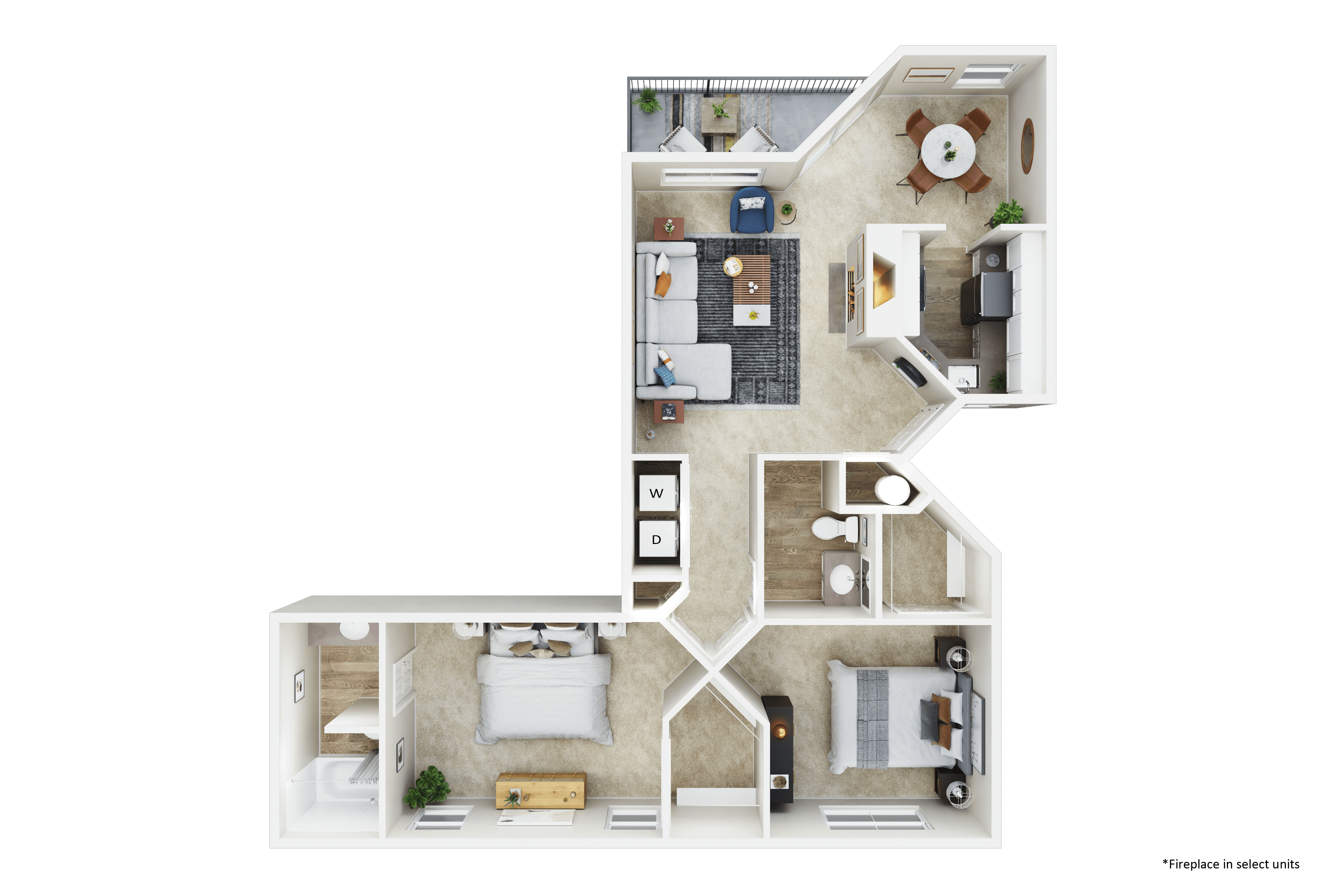 A detailed floor plan of a two-bedroom apartment with a kitchen, living room, and bathroom.