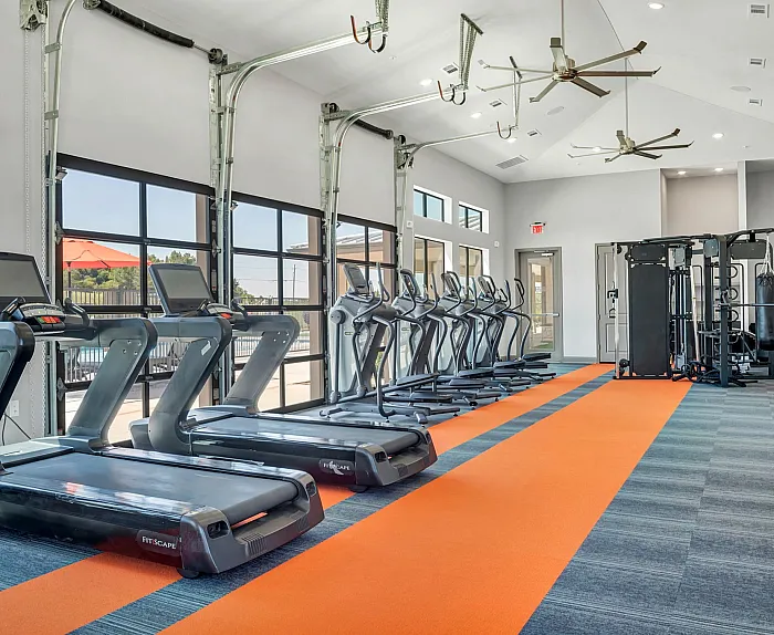 Modern fitness center with state-of-the-art treadmills, bright orange accents, and sleek strength training equipment.