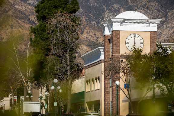 Historic town clock tower at Trestle Apartments, Monrovia, CA