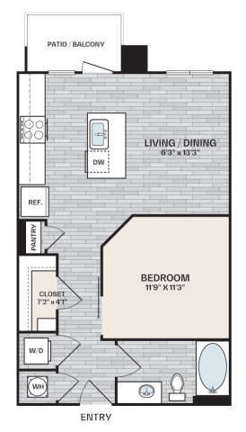 studio plan with 1 bedroom and is 620 square feet