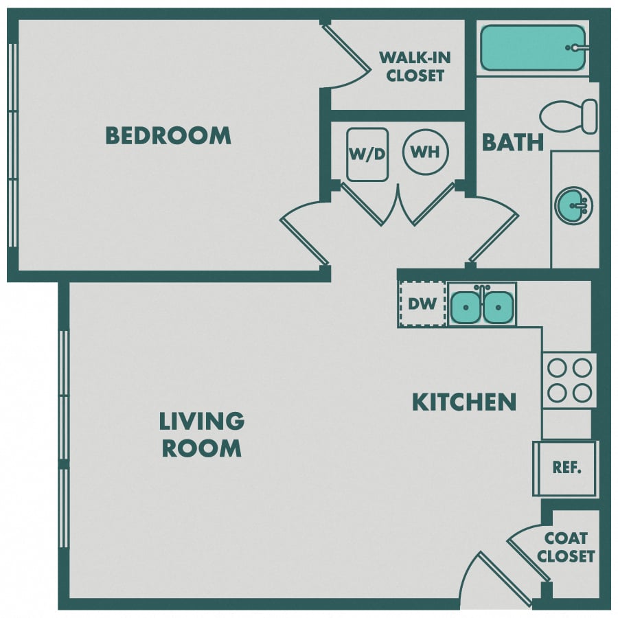 Floor plan 1A. One-bedroom, one-bath at Apex Meridian South Apartments in Englewood, Colorado.