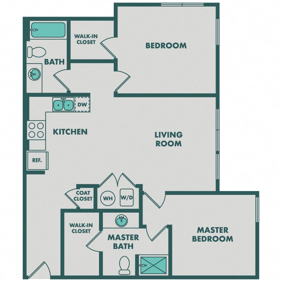Floor plan 2A. Two-bedroom, two-bath at Apex Meridian South Apartments in Englewood, Colorado.