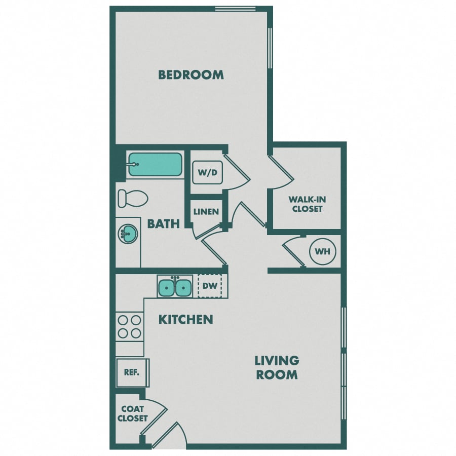 Floor plan 1B. One-bedroom, one-bath at Apex Meridian South Apartments in Englewood, Colorado.
