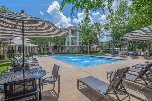 Luxe pool retreat with sun lounges at Sagewood at Westchase in Houston, Texas.