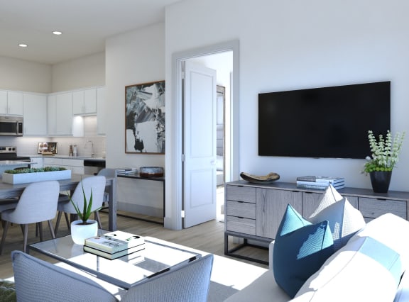 Living Room With Kitchen View at LynnCora, Grand Prairie, TX, 75052