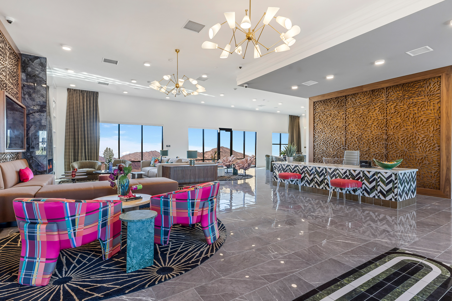 Stylish apartment clubhouse lounge with vibrant seating area