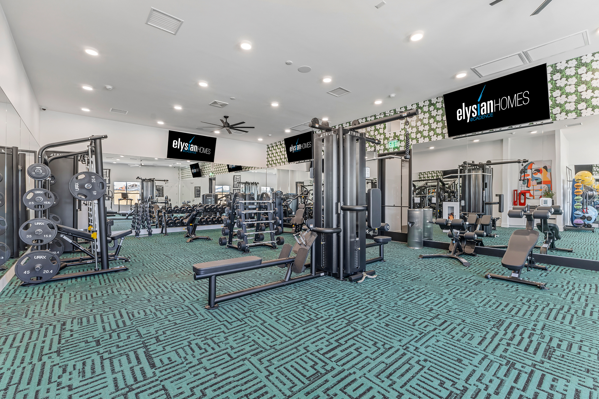 Luxury apartment fitness center with modern gym equipment